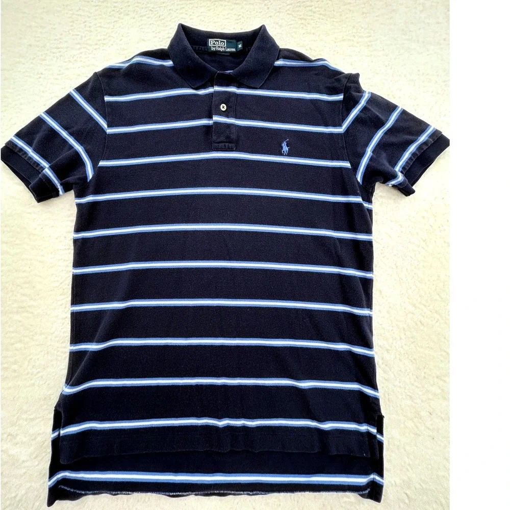 Polo Ralph Lauren Mens Navy Blue Striped Short Sleeve Pique Polo Shirt Medium